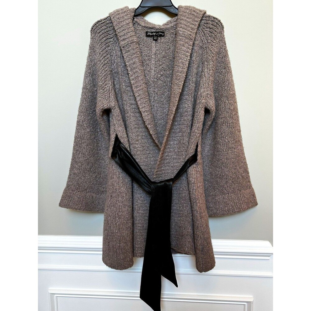 Elizabeth and James Tan Alpaca & Wool Knit Hooded Belted V-Neck Cardigan XS/S